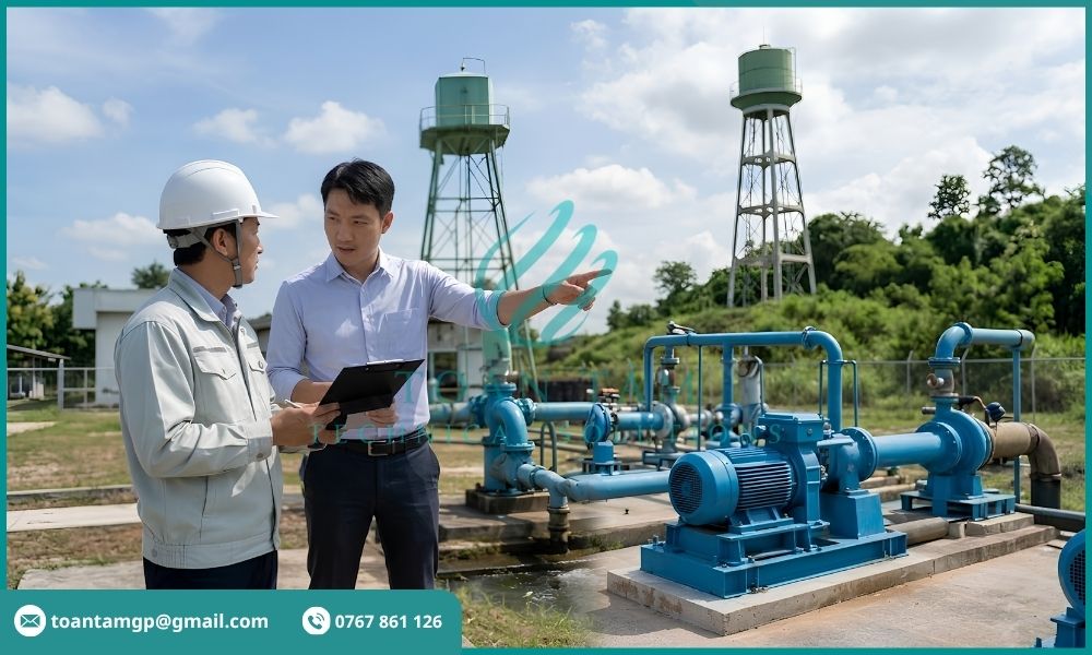 Kỹ sư cùng doanh nghiệp kiểm tra công trình khai thác
