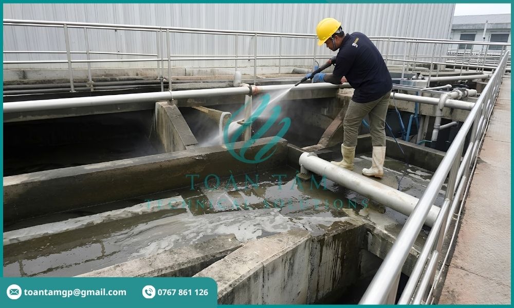 Nhân viên vệ sinh bể trong hệ thống