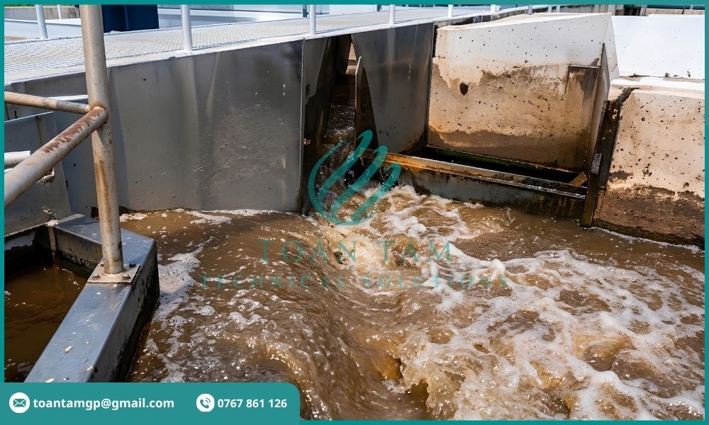 Bùn bị cuốn theo dòng nước ra khỏi bể