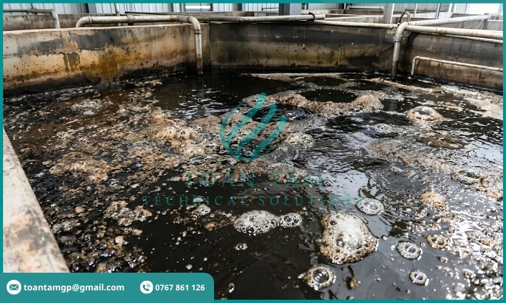 Bùn đen cùng bọt nổi bất thường trên bề mặt bể