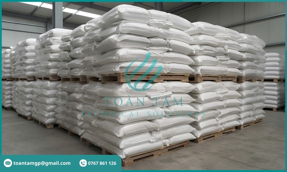 Các bao hạt nhựa được xếp chồng trên pallet