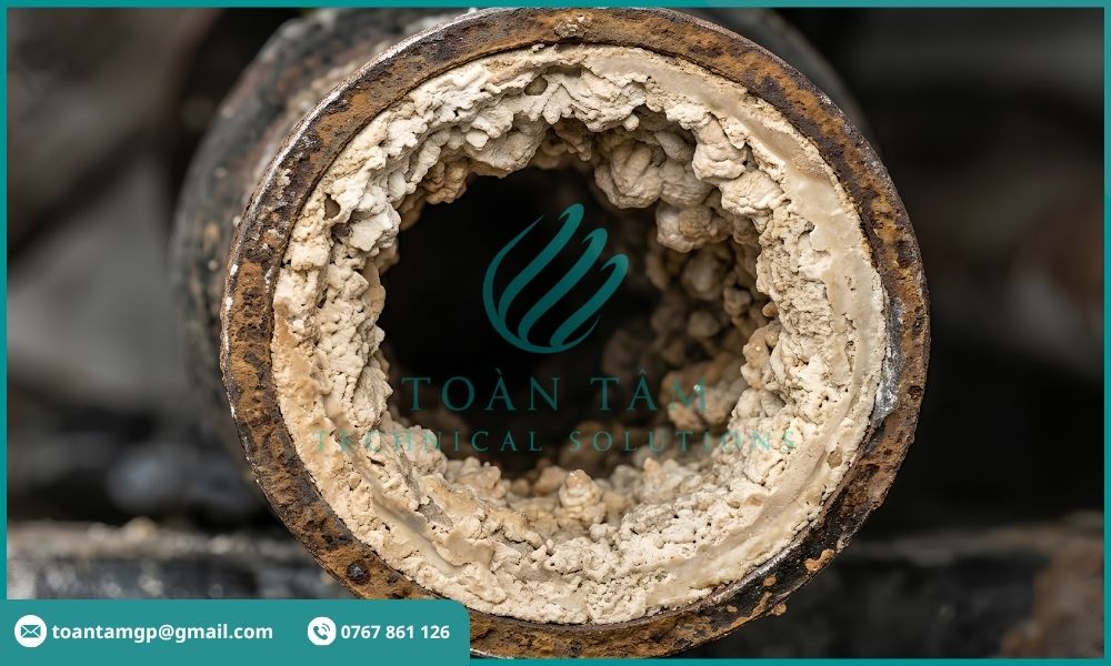 Cáu cặn tích tụ dày bên trong đường ống
