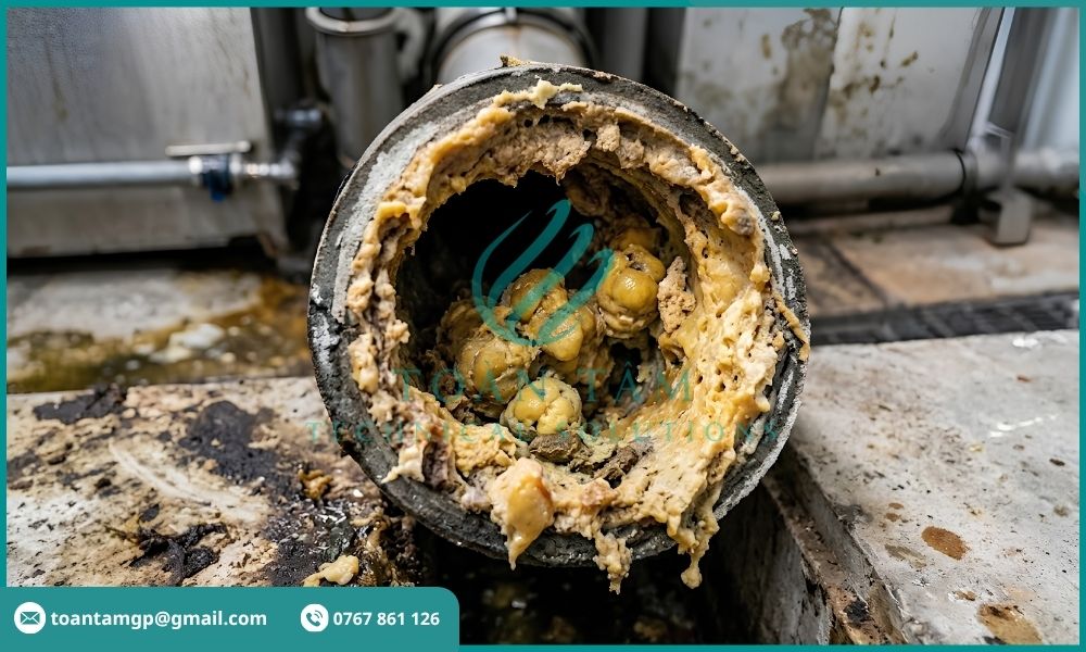 Dầu mỡ tích tụ và bám dày bên trong đường ống