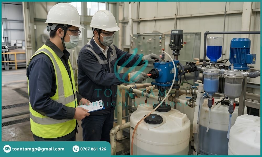 Kỹ sư hướng dẫn châm polymer đúng liều lượng
