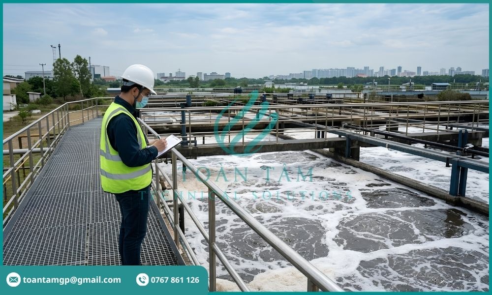 Kỹ sư kiểm tra hệ thống xử lý nước thải
