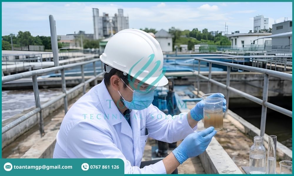 Kỹ sư kiểm tra mẫu nước thải