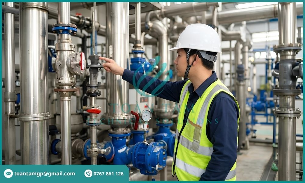 Kỹ sư kiểm tra quá trình lắp đặt thiết bị