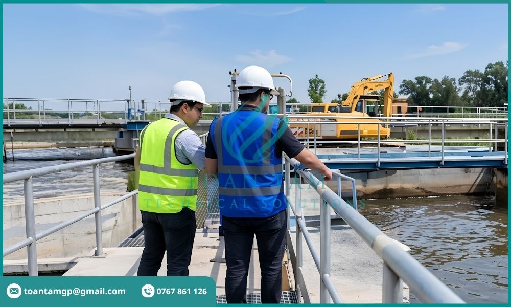 Kỹ thuật viên khảo sát bể lắng cho doanh nghiệp