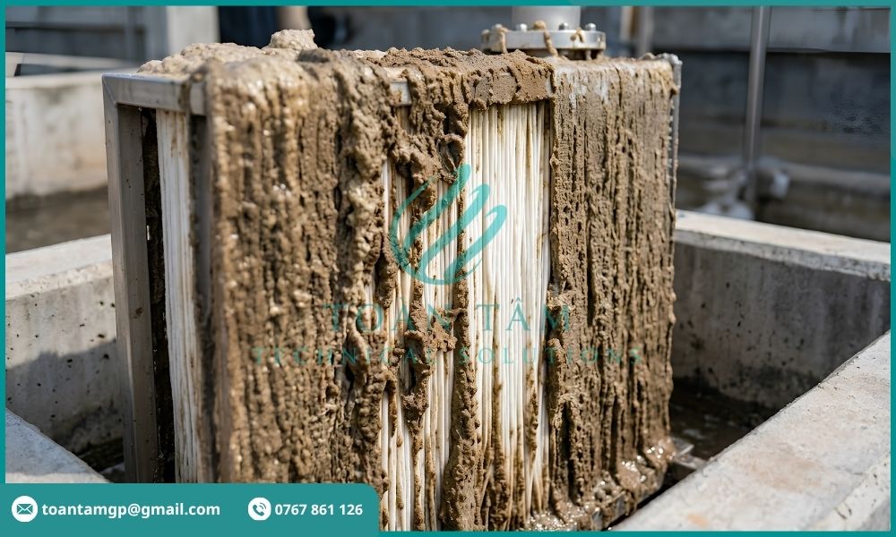 Màng MBR bị bám lớp bùn dày