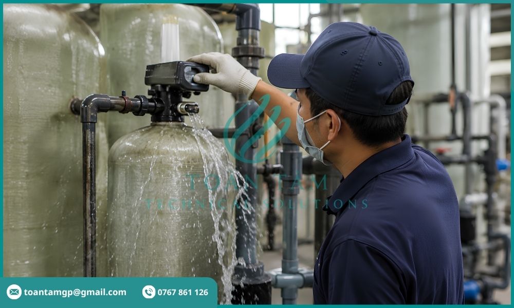 Người vận hành đang rửa ngược cột lọc nước