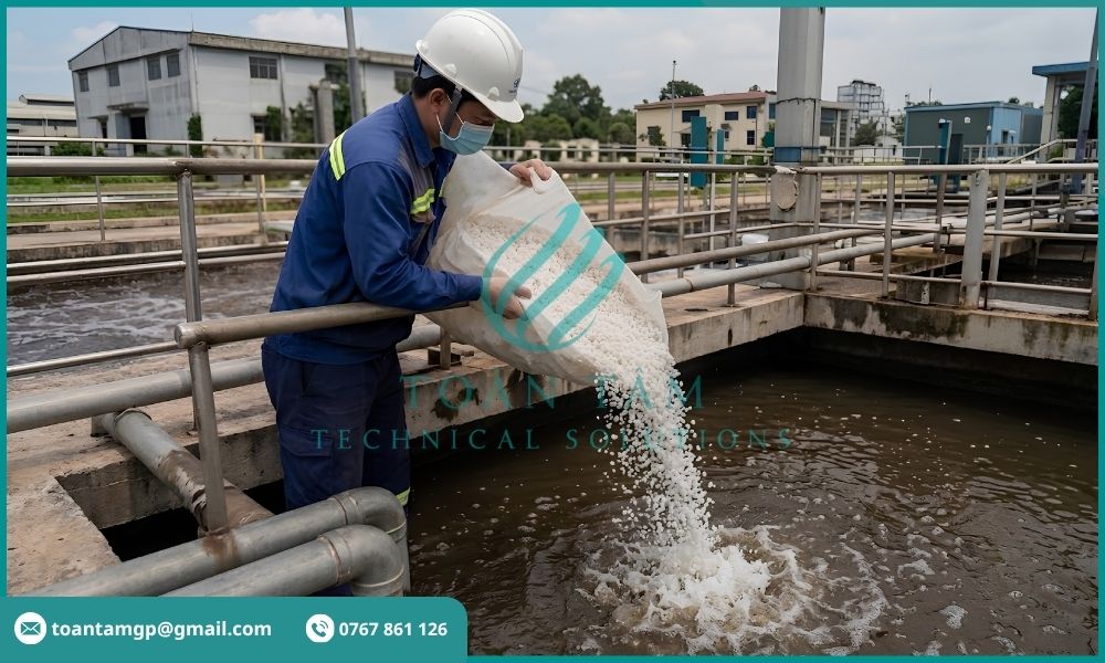 Nhân viên bổ sung giá thể vi sinh vào bể MBBR