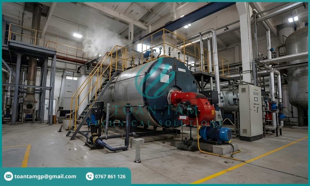 Nồi hơi đang hoạt động trong nhà máy