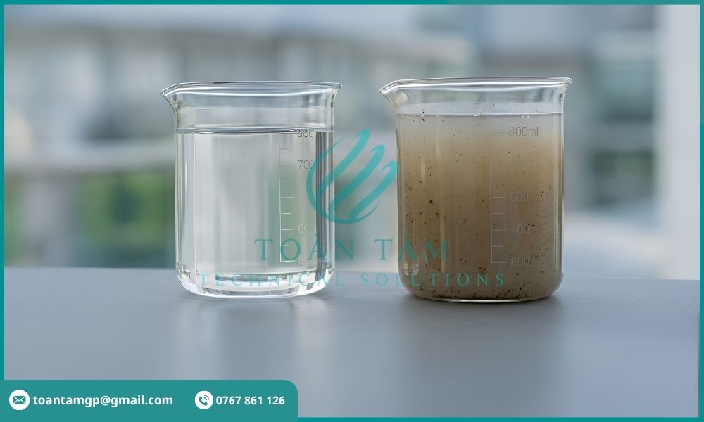 Nước sau lắng còn đục và chứa nhiều cặn lơ lửng