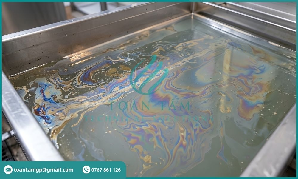 Nước thải vẫn còn lớp váng dầu nhẹ sau bể tách mỡ