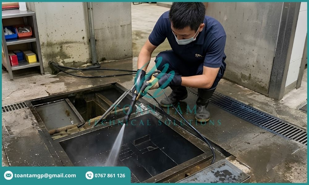 Vệ sinh bẫy mỡ tích tụ cặn