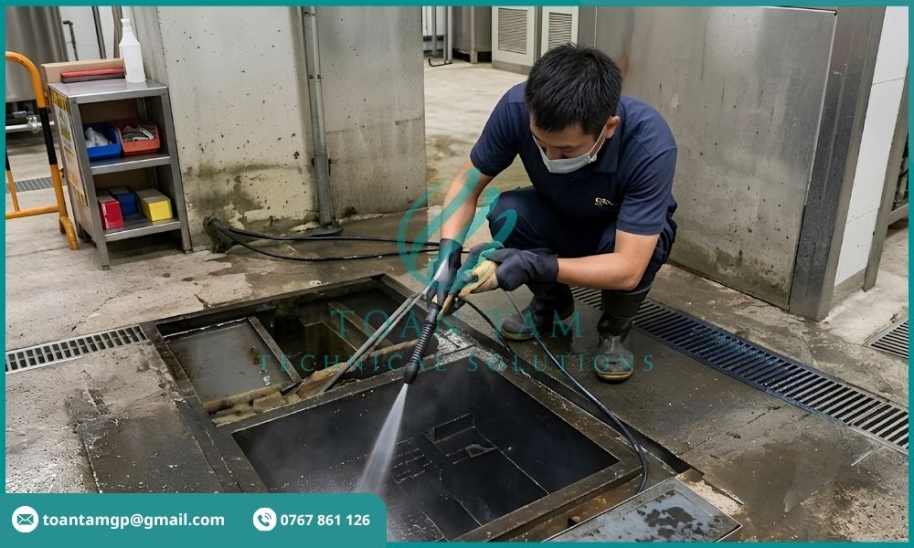 Vệ sinh bể bằng vòi nước áp lực