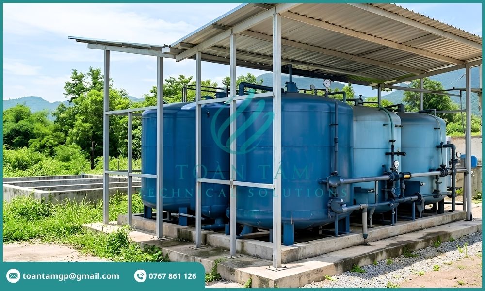 Bể lọc trọng lực ngoài trời có mái che