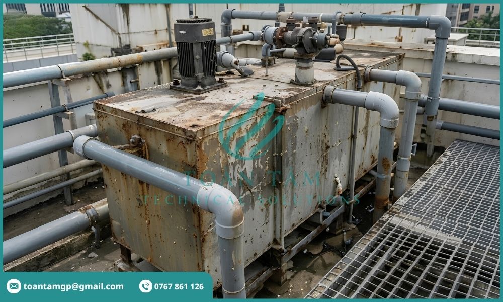 Bể và thiết bị xử lý nước thải tòa nhà đã cũ