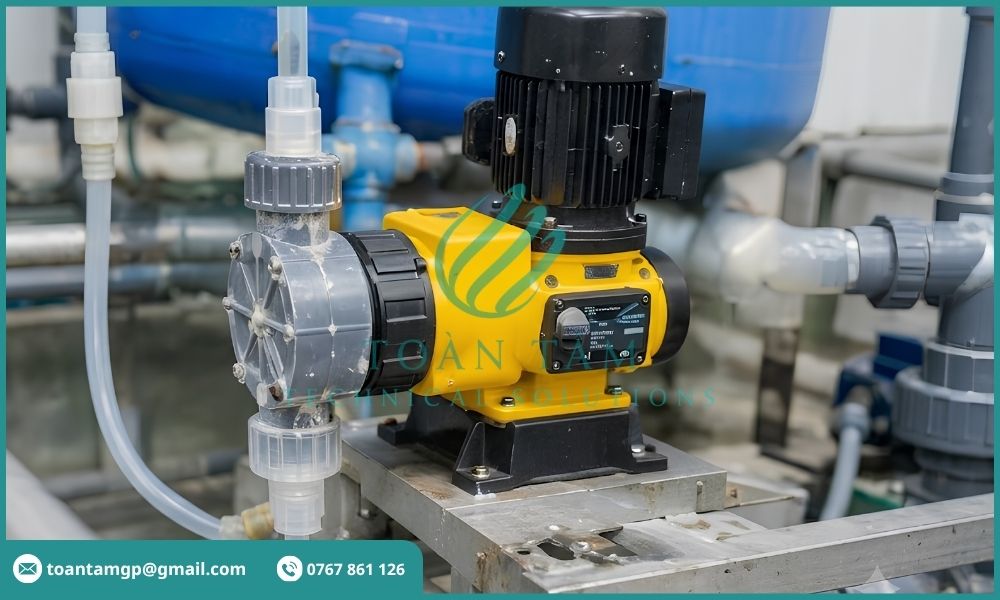 Bơm định lượng hóa chất đang hoạt động