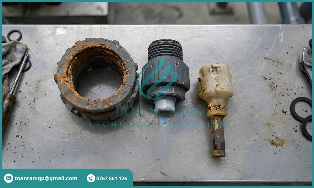 Các chi tiết van bơm định lượng bị ăn mòn
