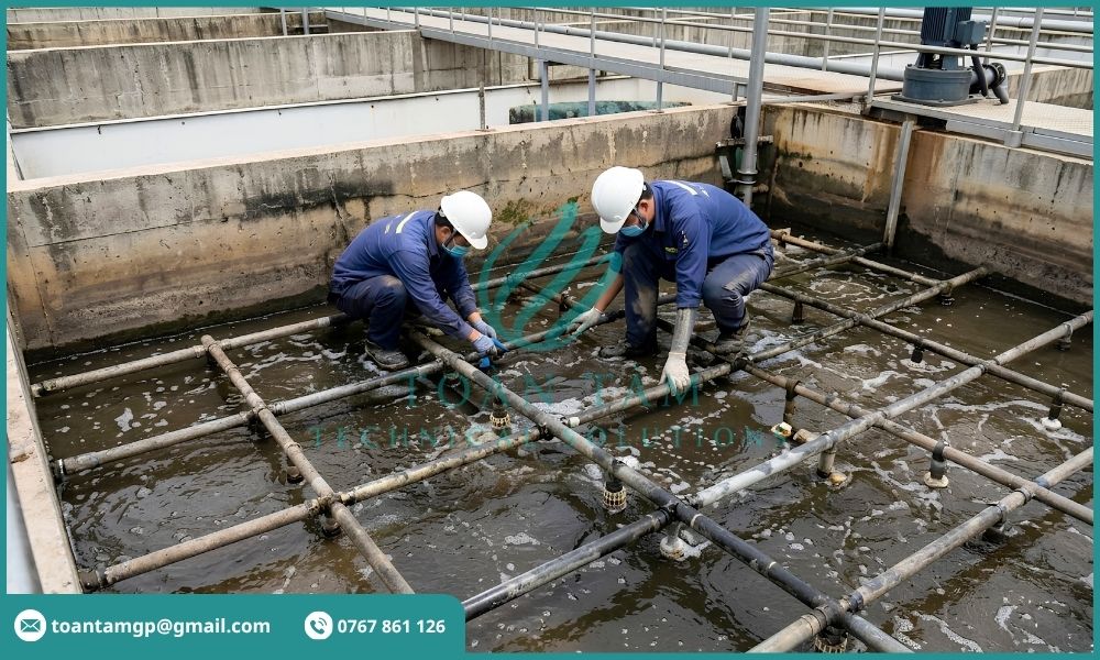 Các kỹ sư tiến hành cải tạo bể MBBR cũ