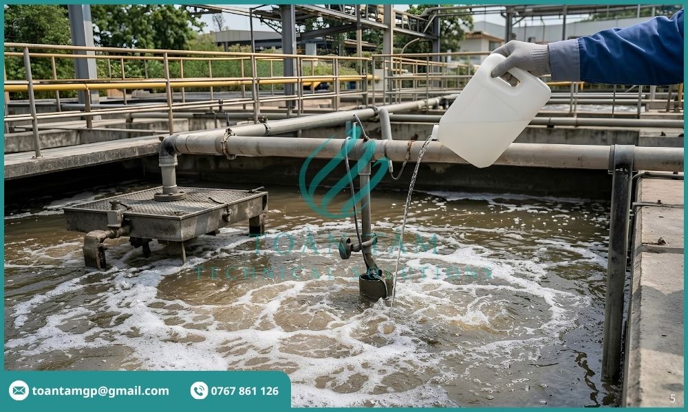 Châm hóa chất vào bể keo tụ