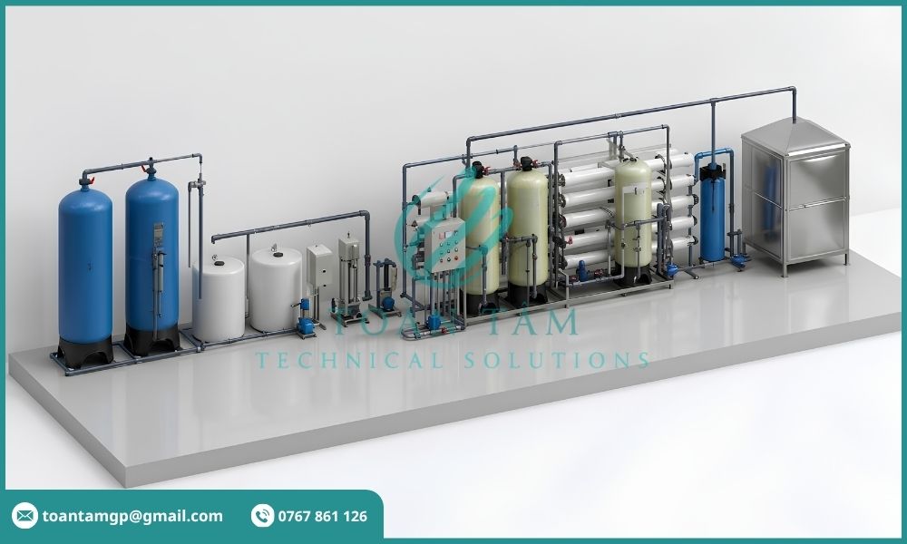 Hệ thống xử lý nước cấp với cột lọc và cụm màng RO