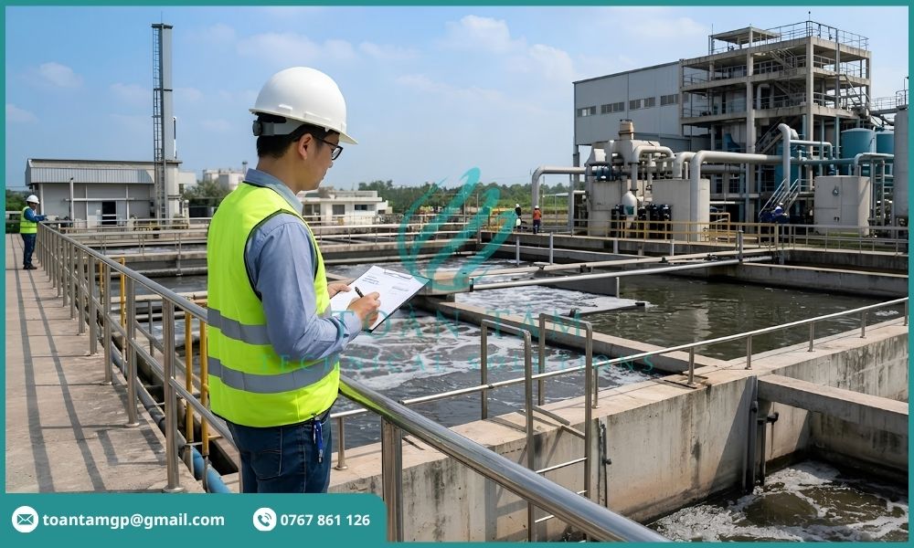 Kỹ sư khảo sát hoạt động của nhà máy giấy