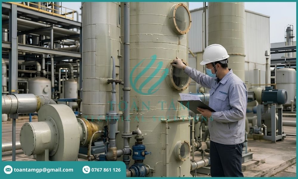 Kỹ sư kiểm tra tháp hấp phụ khí thải gặp sự cố