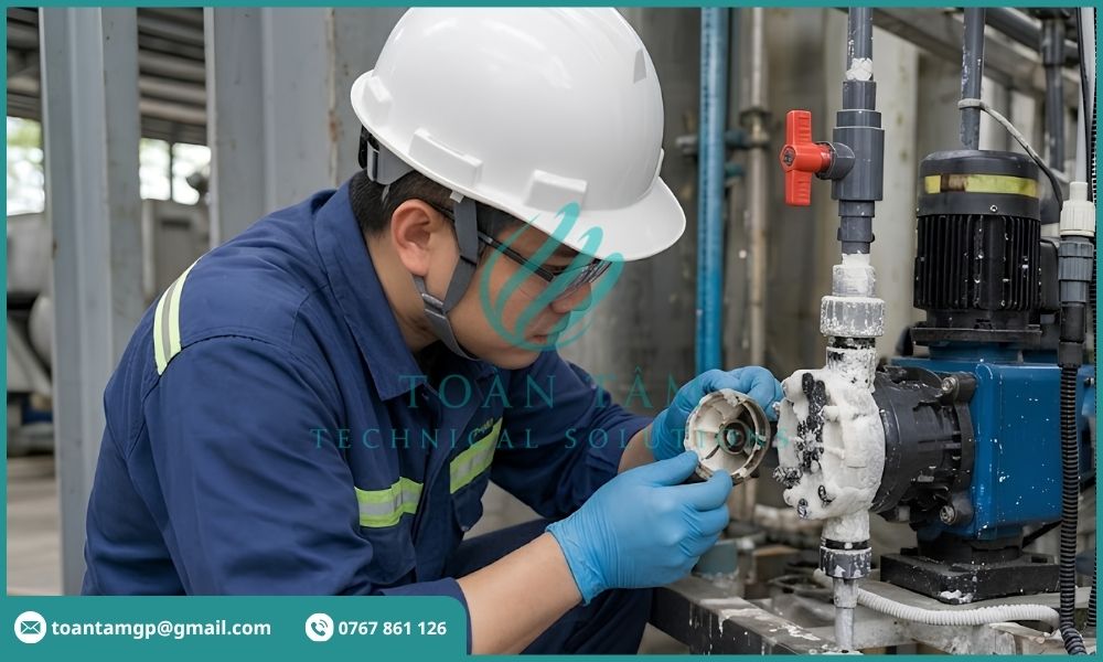 Kỹ sư kiểm tra van bơm định lượng bị kết tinh