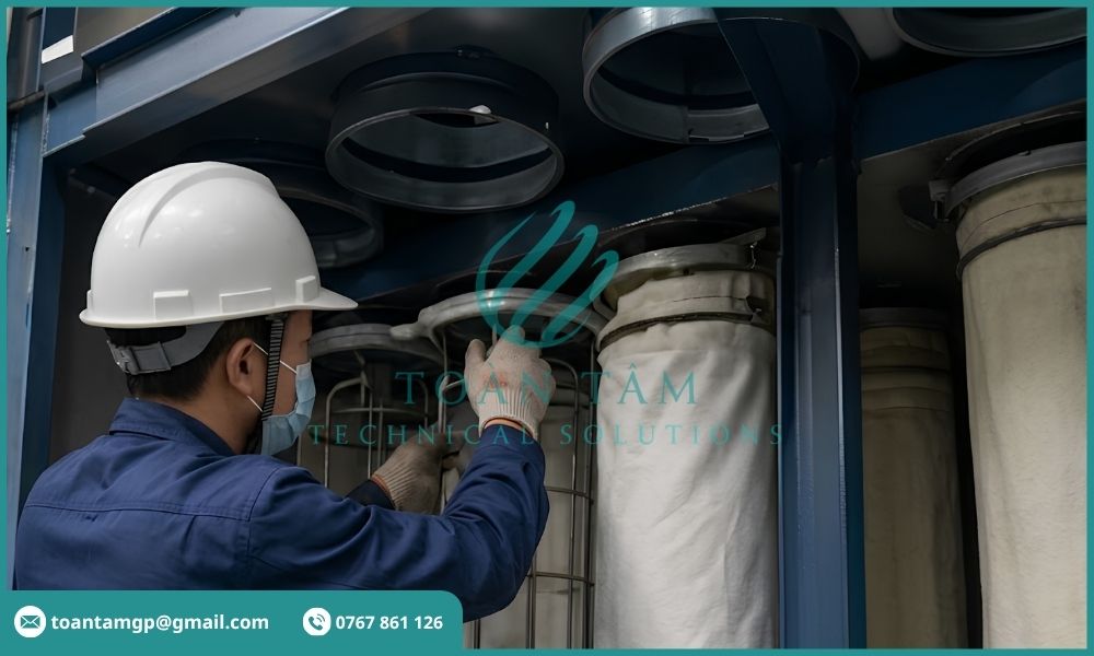 Kỹ sư lắp đặt túi vải vào hệ thống lọc bụi