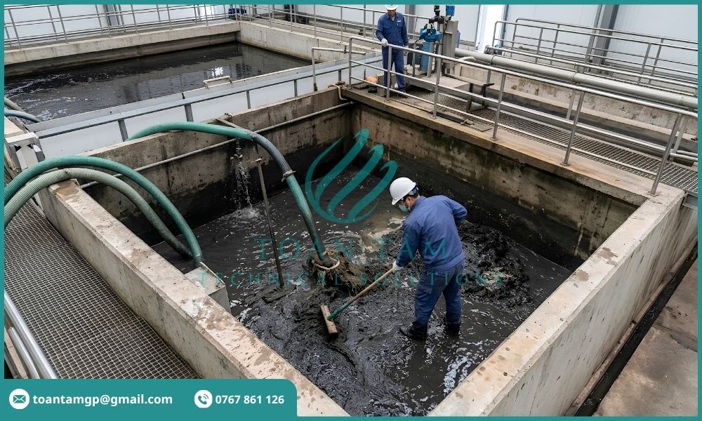 Loại bỏ bùn già tích tụ dưới đáy bể MBBR