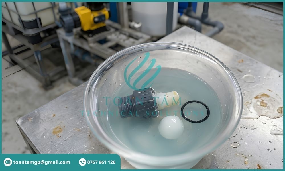 Ngâm các chi tiết van trong chậu dung dịch tẩy rửa