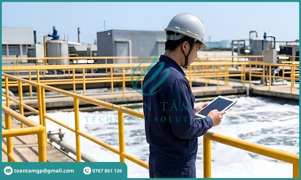 Nhân viên kiểm tra tình trạng hoạt động của bể DAF
