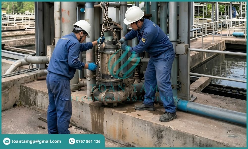 Nhân viên kỹ thuật thay thế thiết bị bị hư hỏng