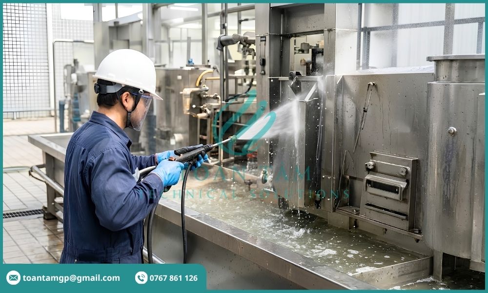 Sử dụng nước vệ sinh máy móc trong nhà máy